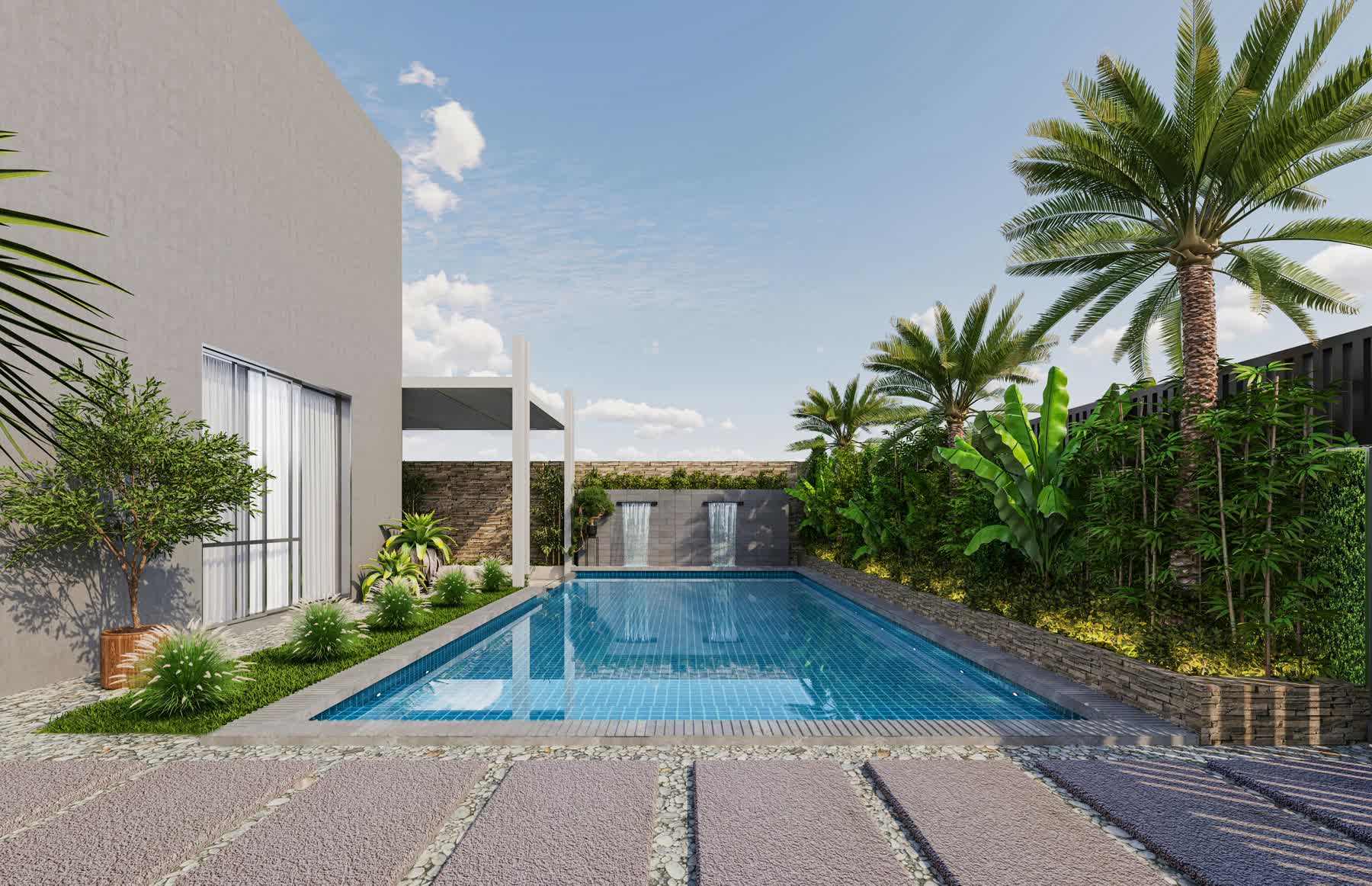Luxury villa pool surrounded by palm trees