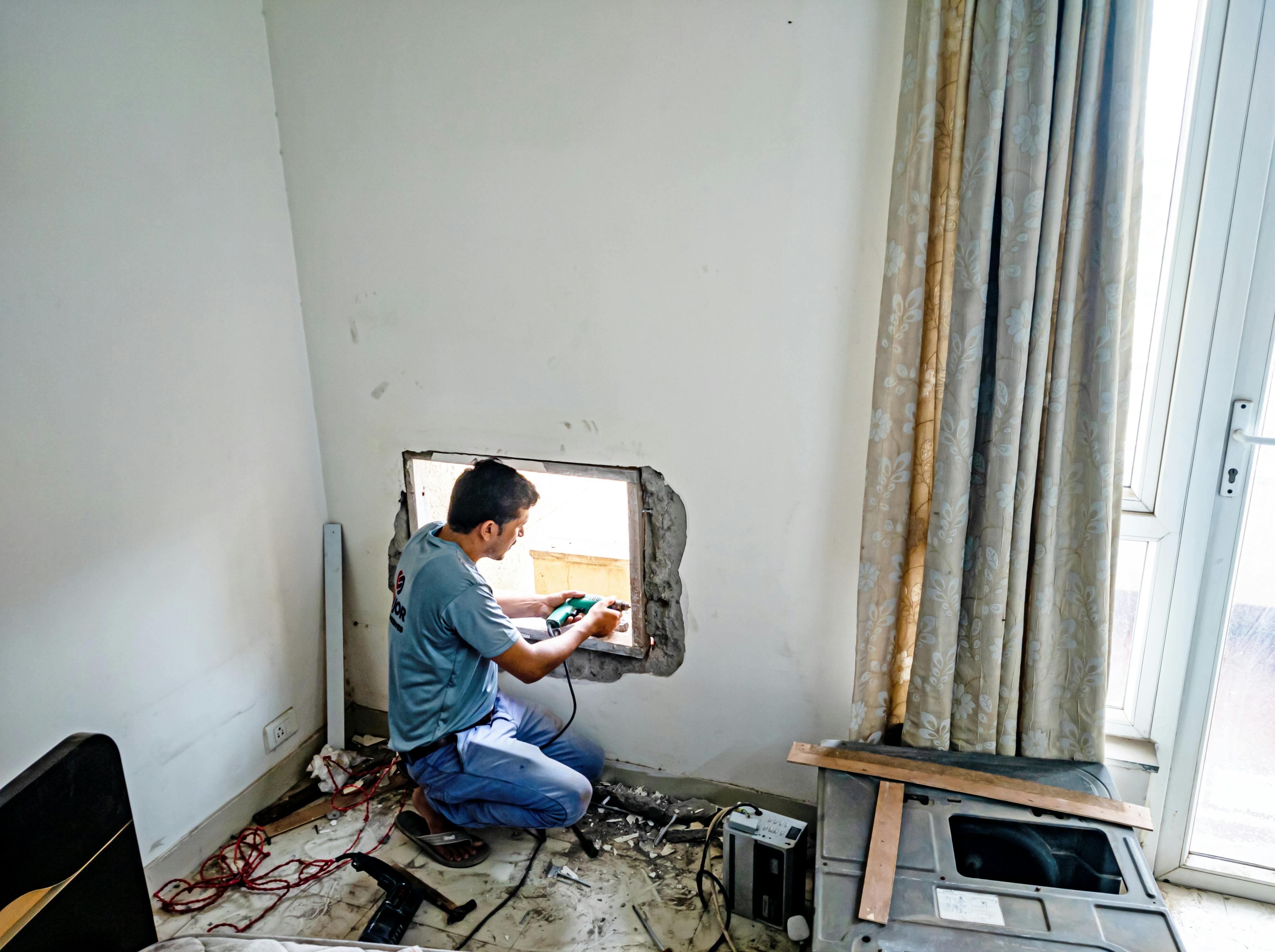 Handyman measuring and repairing details inside a home